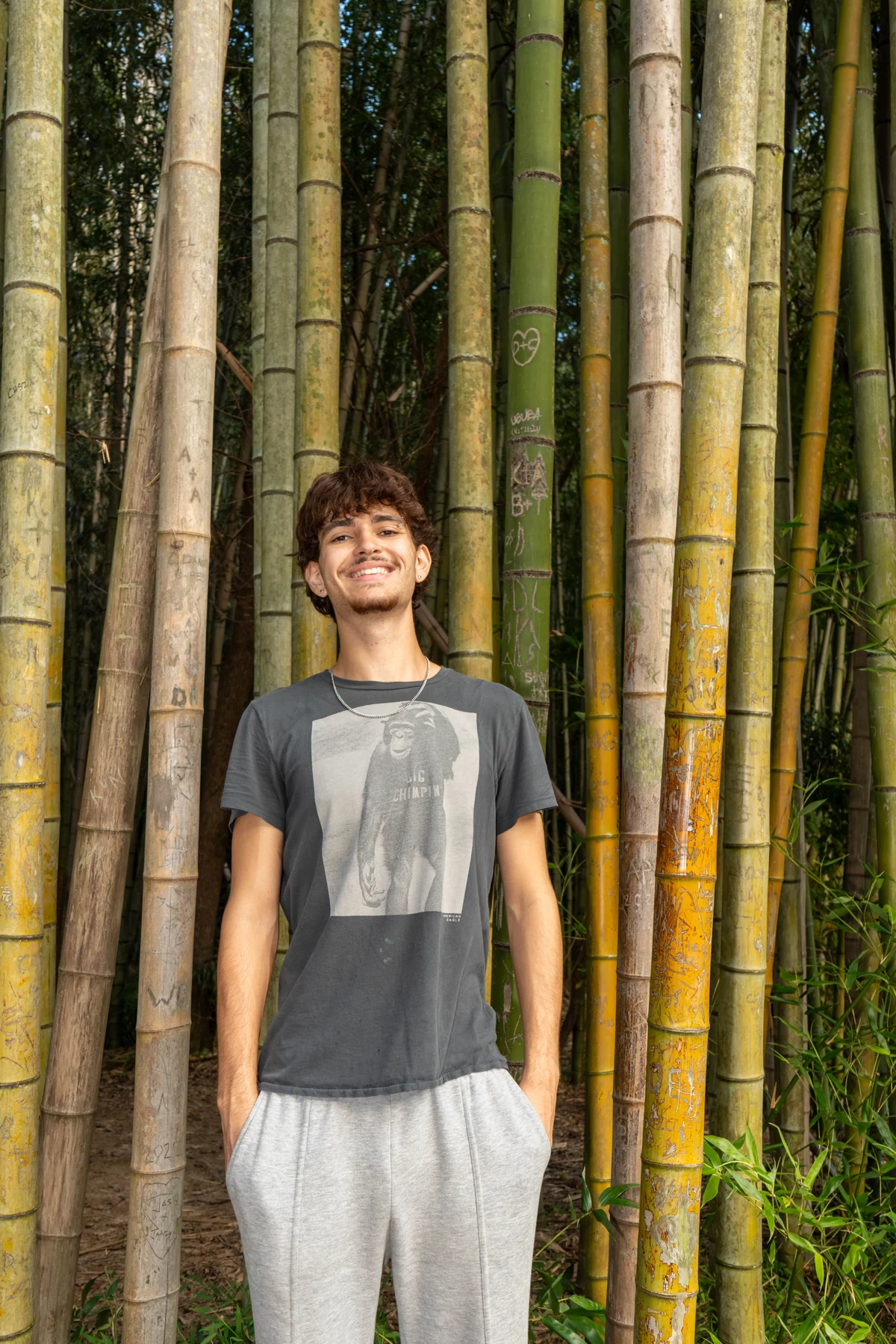 Thomas standing among tall bamboo stalks
